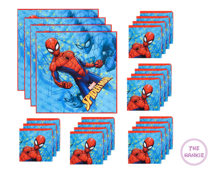 Spider-Man themed tableware set including plates, napkins, and cups on a white background.