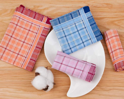Three Vintage Mens Handkerchiefs - Tan Blue Rust Stripes and Checks