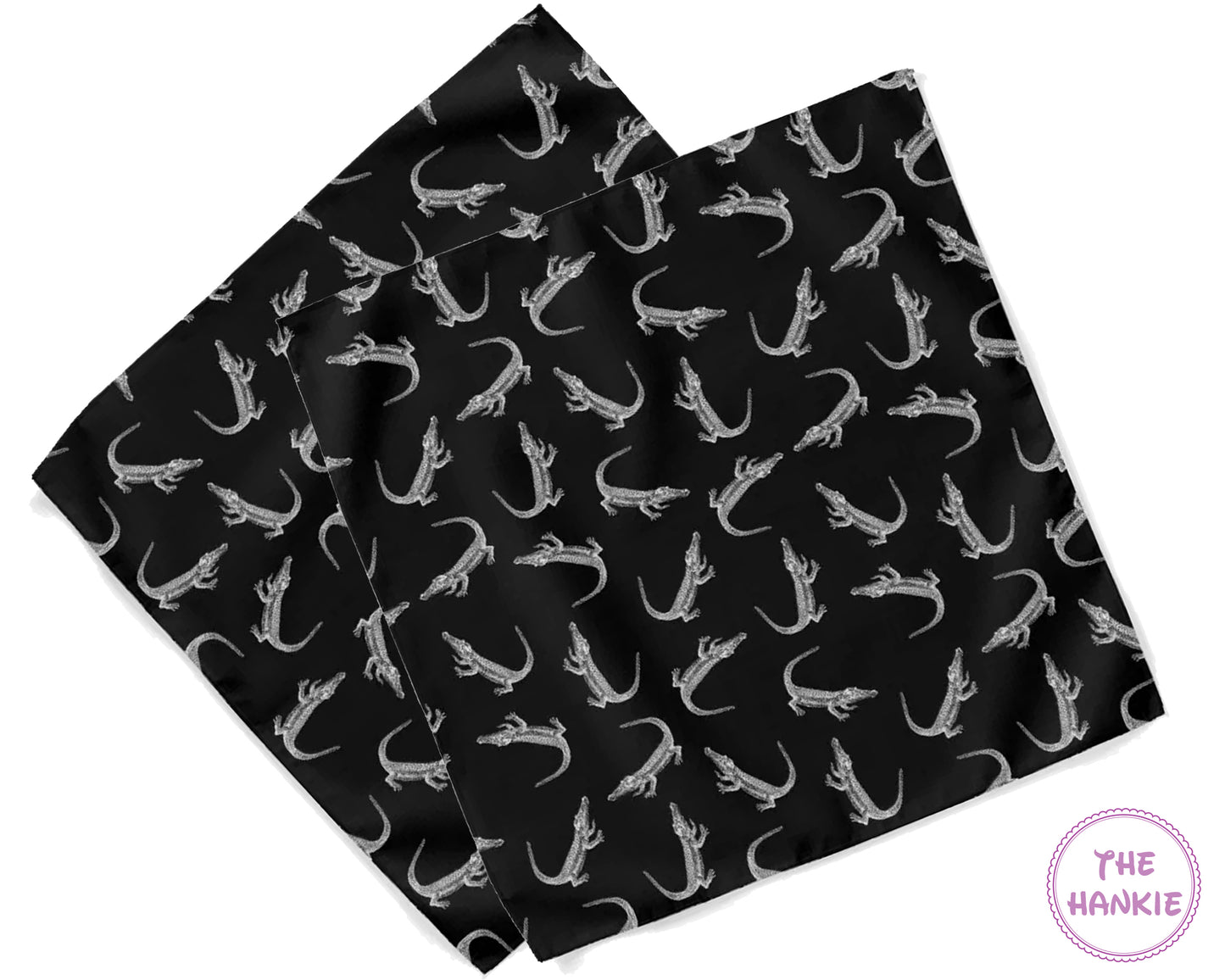 Black hankie with white alligator pattern and 'The Hankie' logo.