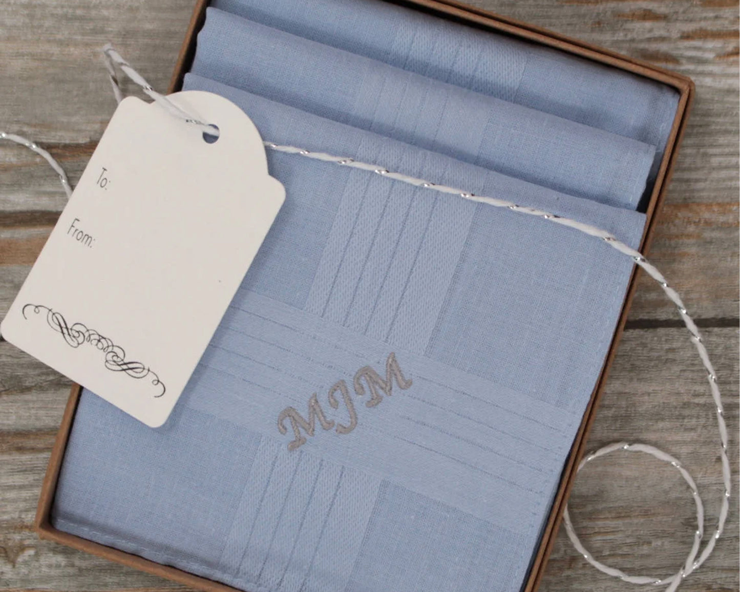 Cotton Wedding Anniversary Gift  Monogrammed Linen Pocket Square Initials Hankie Linen Embroidered Pocket Square Blue Handkerchief