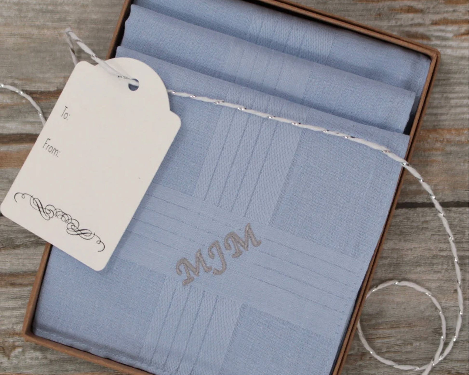 Cotton Wedding Anniversary Gift  Monogrammed Linen Pocket Square Initials Hankie Linen Embroidered Pocket Square Blue Handkerchief