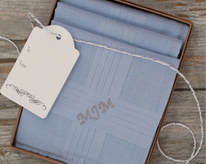 Cotton Wedding Anniversary Gift  Monogrammed Linen Pocket Square Initials Hankie Linen Embroidered Pocket Square Blue Handkerchief