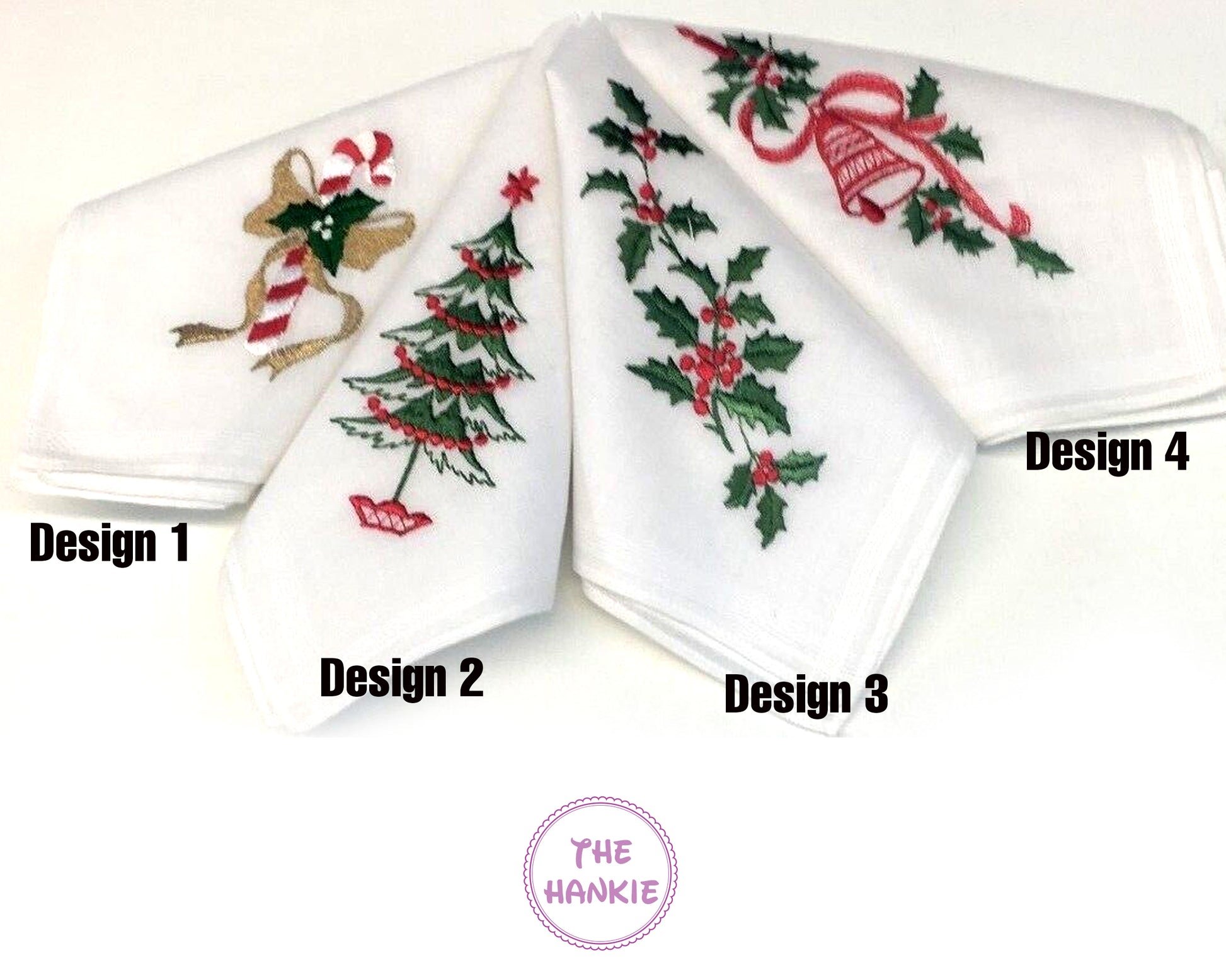 Four Christmas-themed hankies with different designs on a white background, labeled 'Design 1' to 'Design 4'.