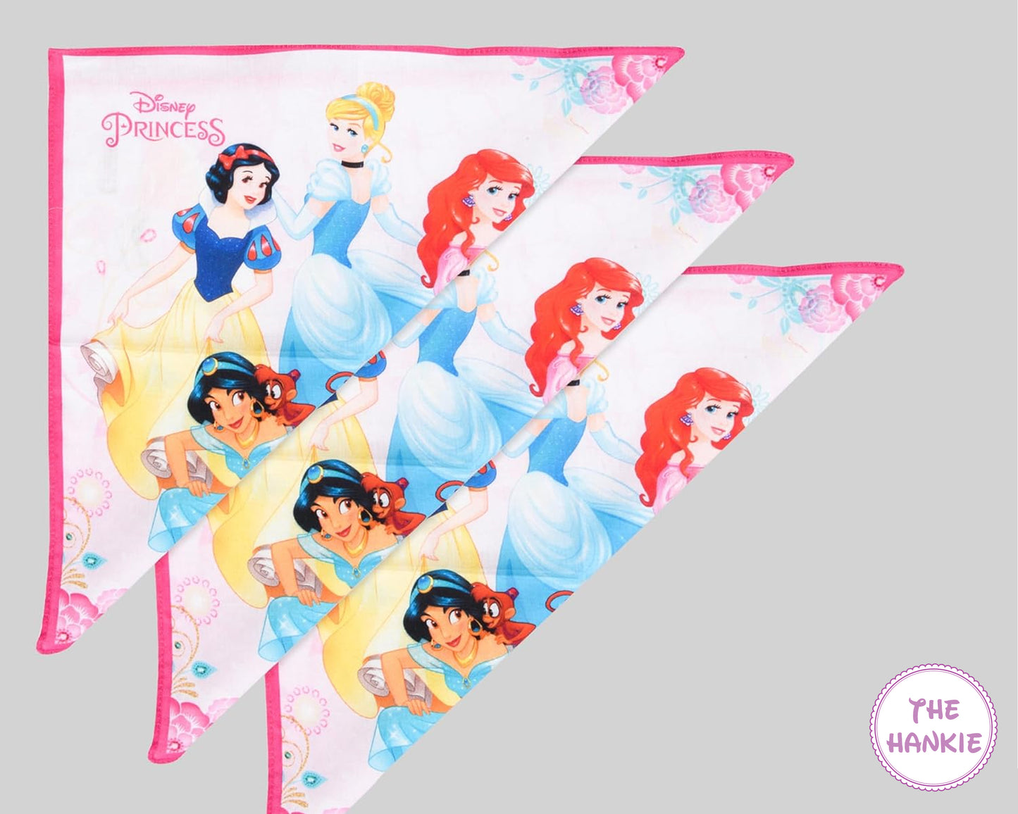 Disney Princess-themed hankie with characters on a gray background