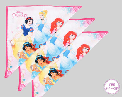 Disney Princess-themed hankie with characters on a gray background