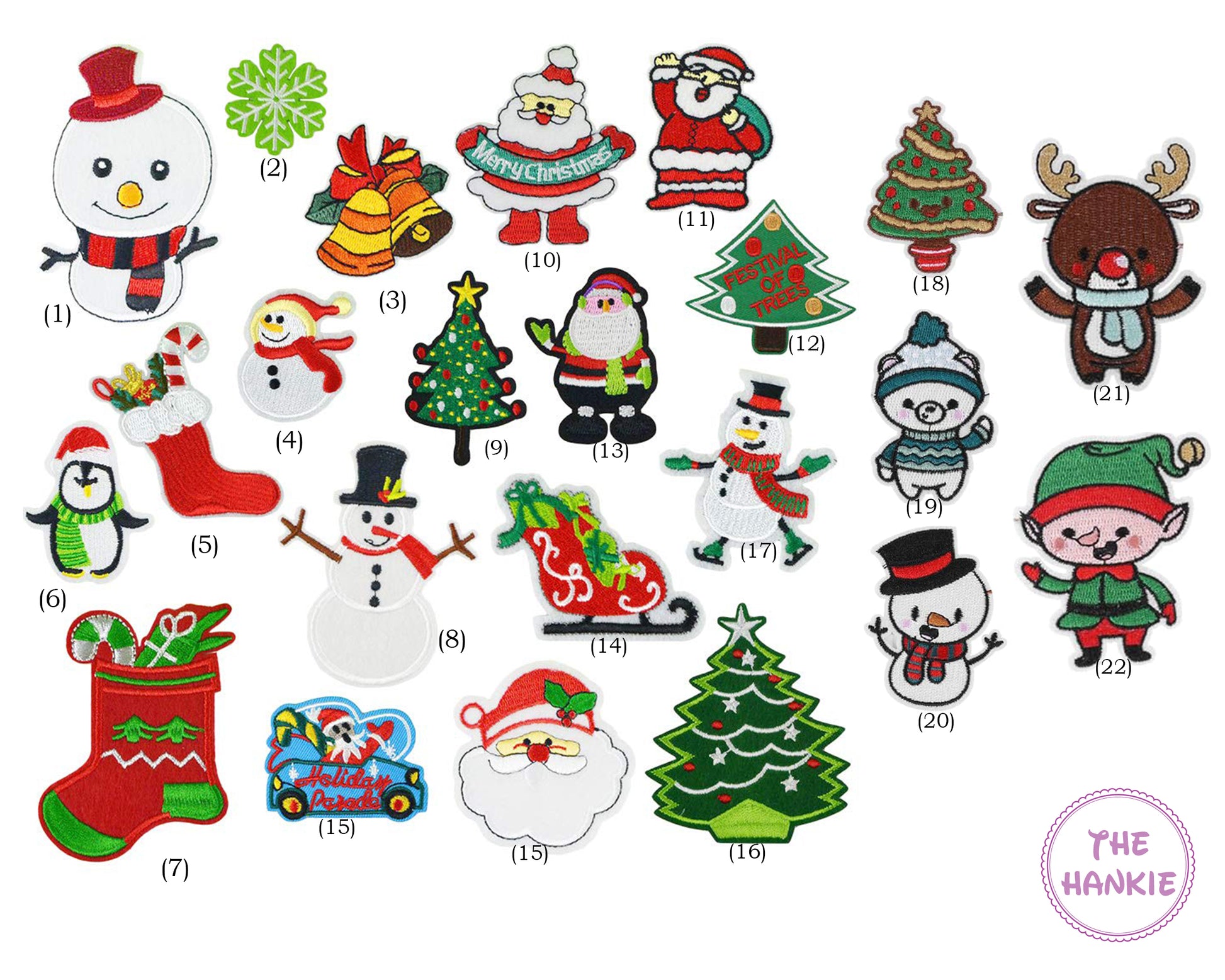 Collection of Christmas-themed iron-on patches including Santa Claus, snowmen, trees, and stockings on a white background.