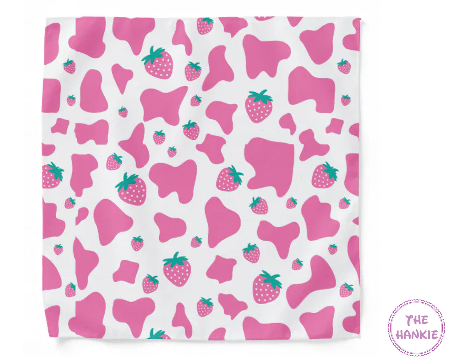 Pink bow and strawberry pattern on a white background with 'The Hankie' branding.
