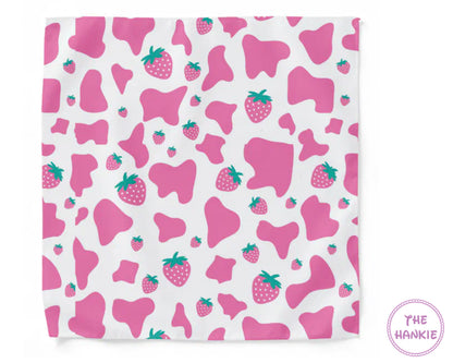 Pink bow and strawberry pattern on a white background with 'The Hankie' branding.