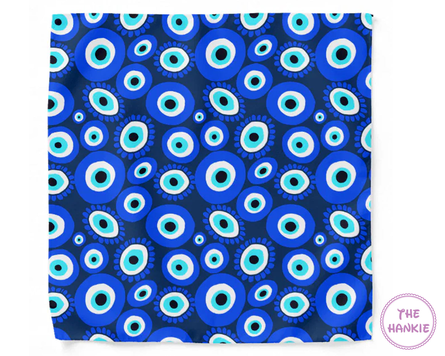 Blue and white circular patterned fabric with 'The Hankie' brand logo.