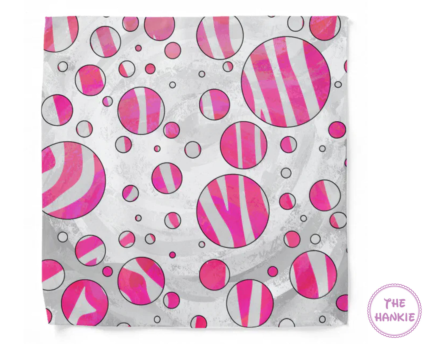 Pink and white striped circles on a gray background with 'The Hankie' brand logo.