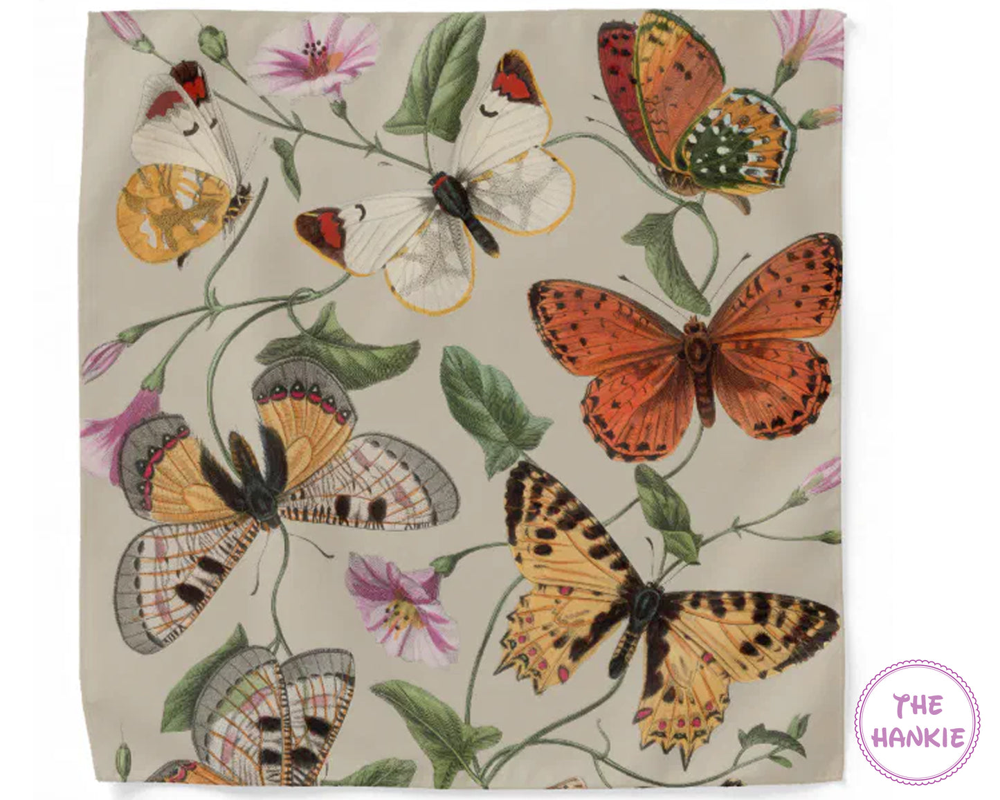 Butterfly and floral patterned product with 'The Hankie' branding.
