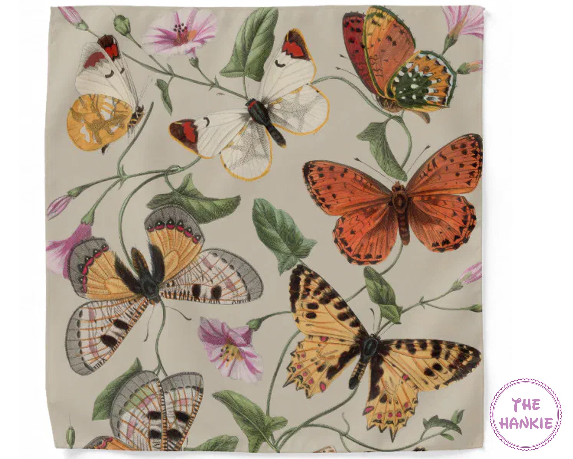 Butterfly and floral patterned product with 'The Hankie' branding.