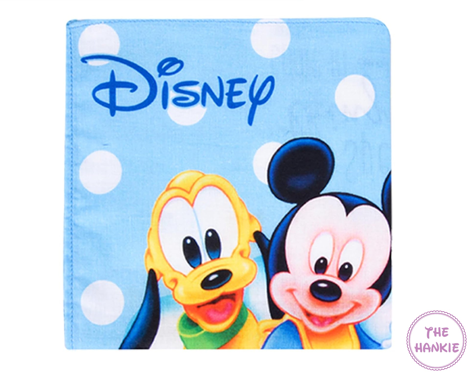 Disney-themed product with Mickey Mouse and Donald Duck on a blue polka dot background