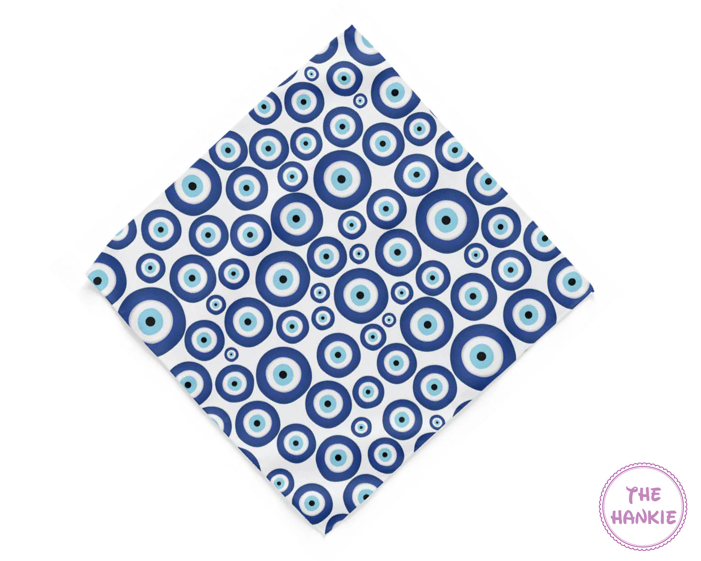 Blue and white patterned hankie with 'The Hankie' branding on a white background