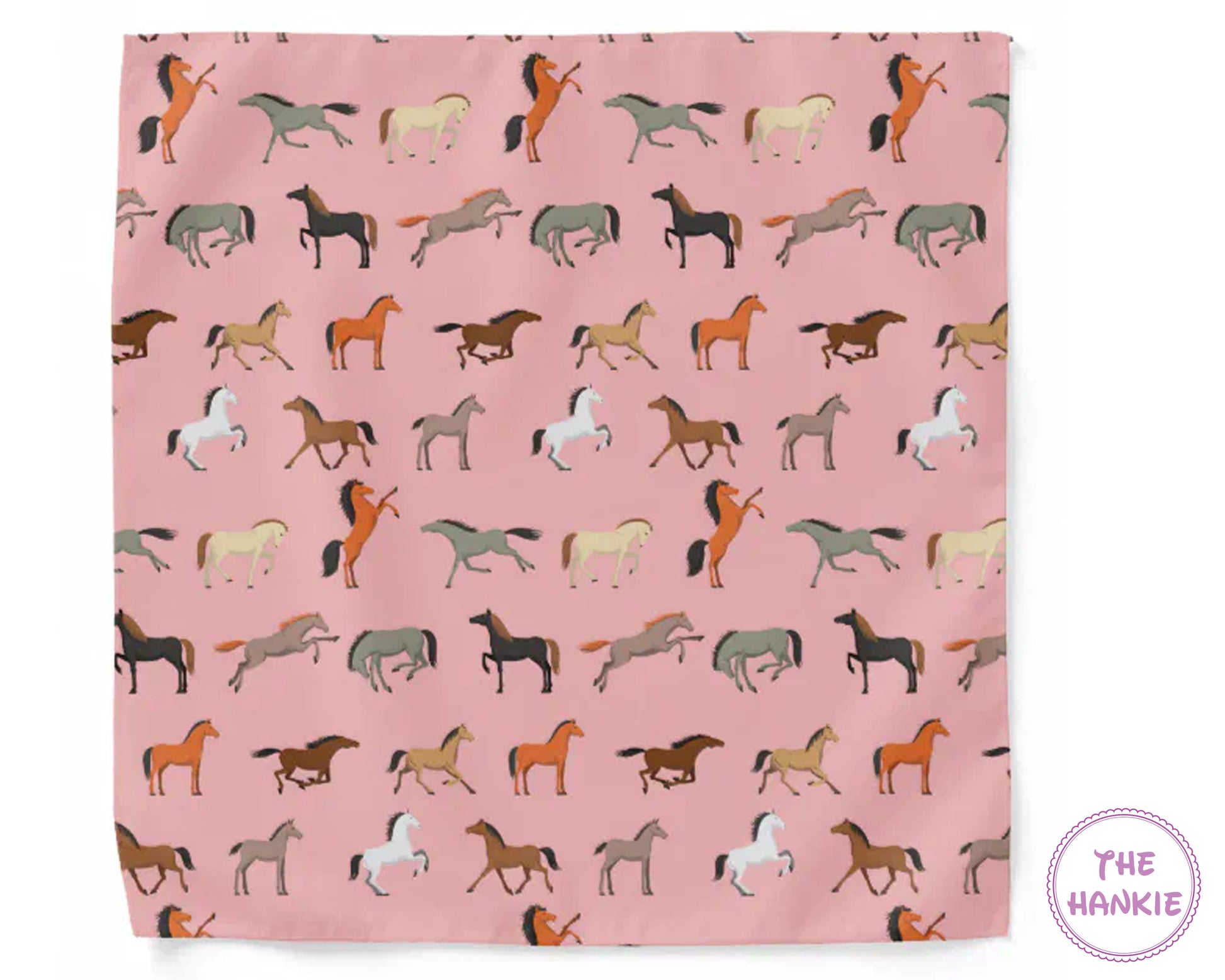 Pink fabric with horse pattern and 'The Hankie' branding.