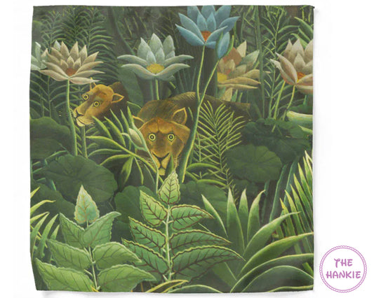 Jungle-themed product with leopards and plants, branded 'The Hankie'.