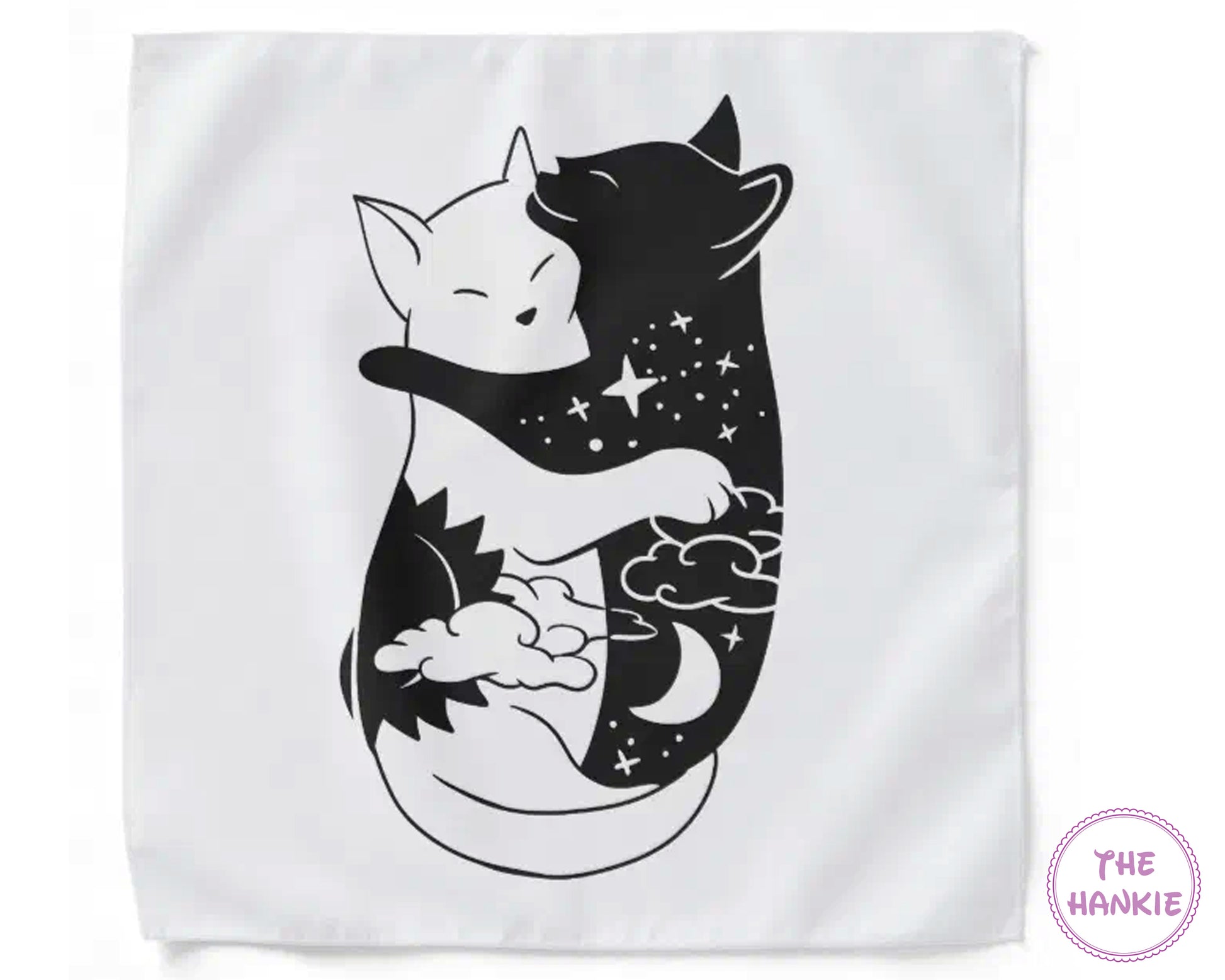 White hankie with black fox design holding a moon and cloud, branded 'The Hankie'.