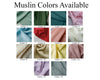 Display of muslin fabric swatches in various colors on a white background.