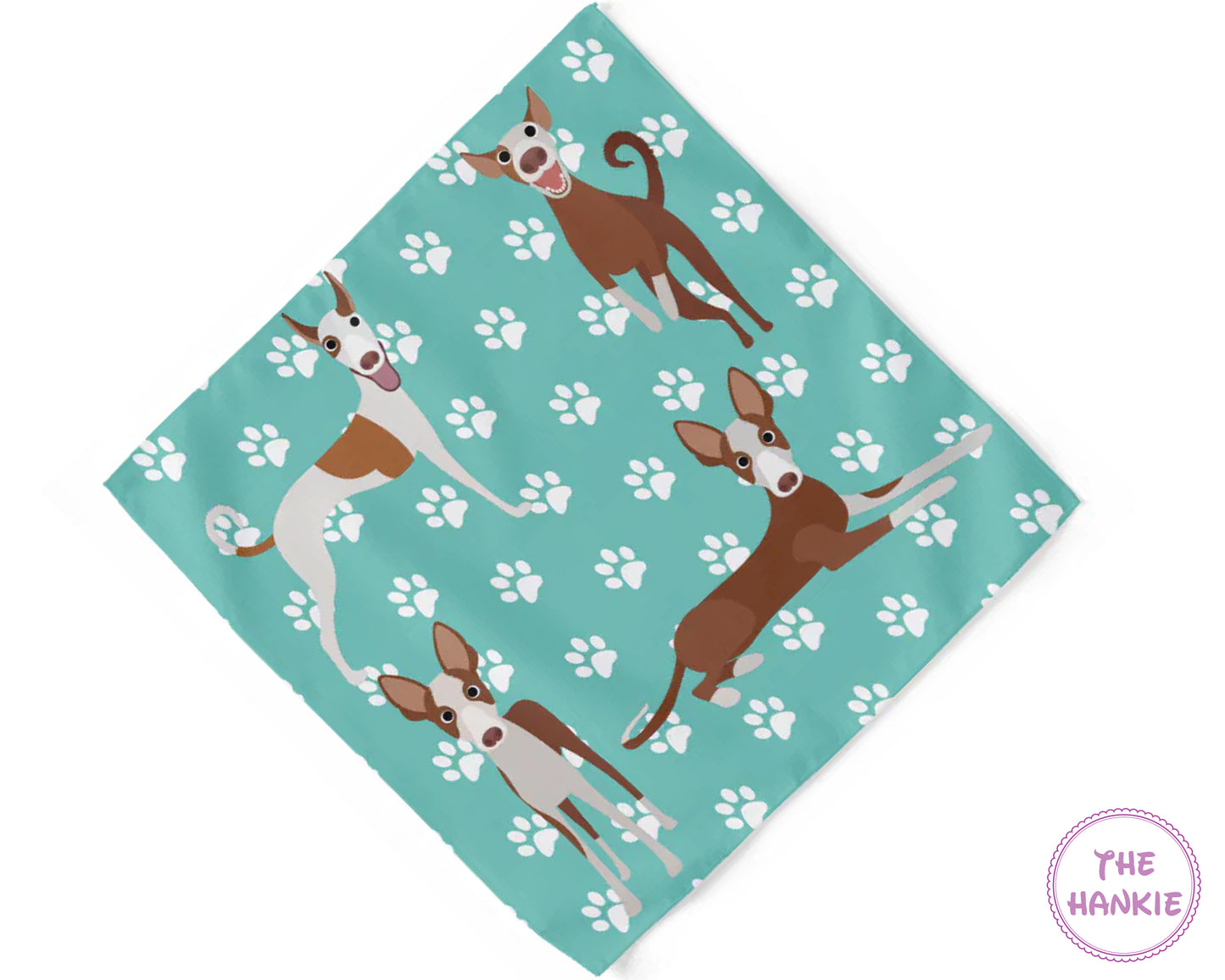 Teal hankie with dog illustrations and paw prints, branded 'The Hankie'.
