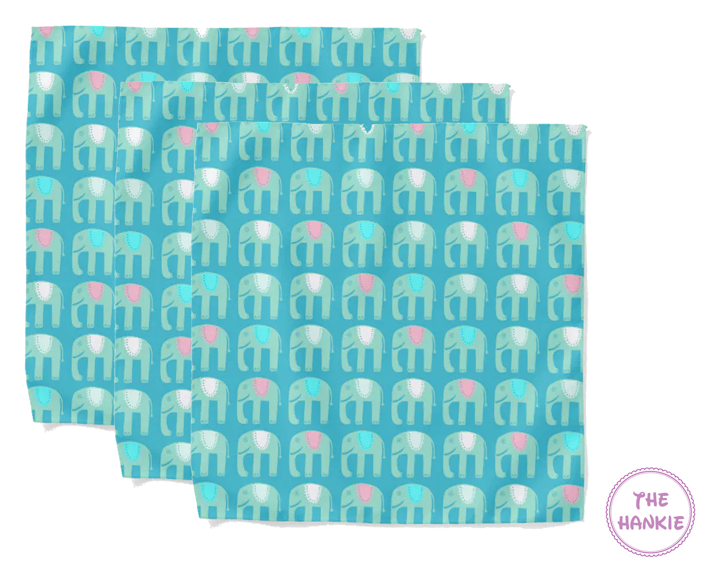 Two teal hankies with elephant pattern on a white background, branded 'The Hankie'.