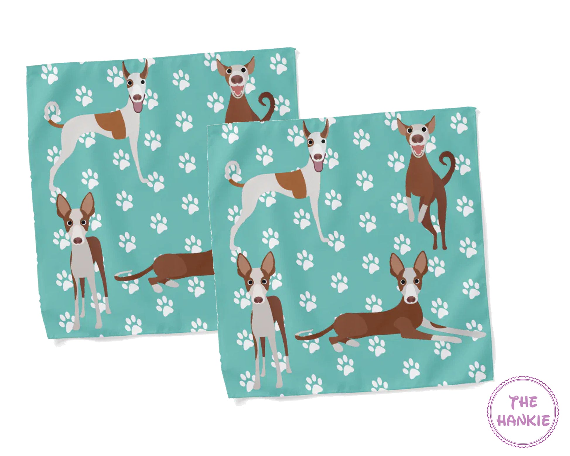 Two folded towels with dog pattern on a teal background, featuring 'The Hankie' brand.
