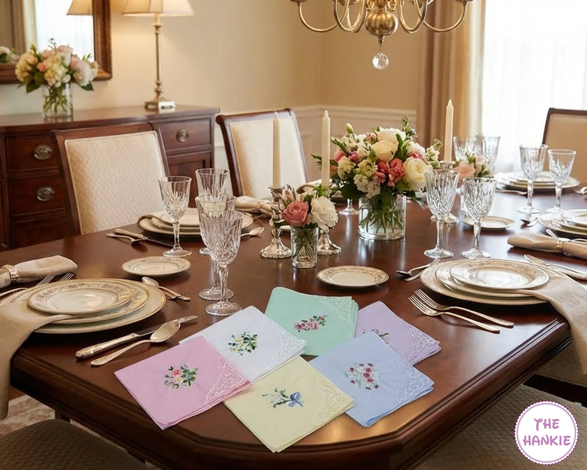 Dining table set with floral hanky, glasses, and cutlery in a well-decorated room.