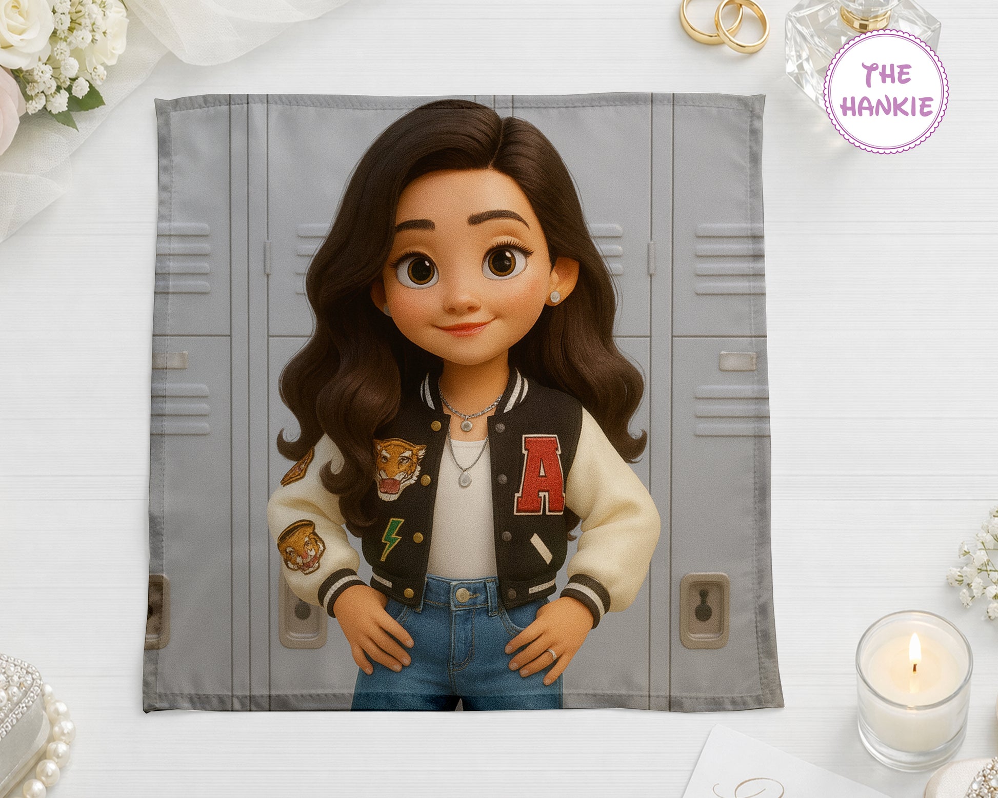 Character from a movie or TV show on a hankie with a candle and flowers in the background