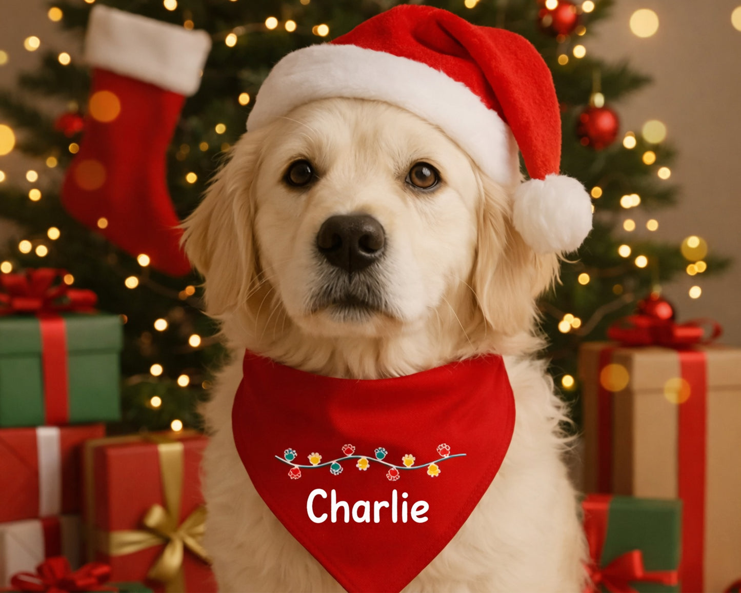 Dog wearing a Santa hat and red bandana with 'Charlie' on, in front of a Christmas tree and presents.