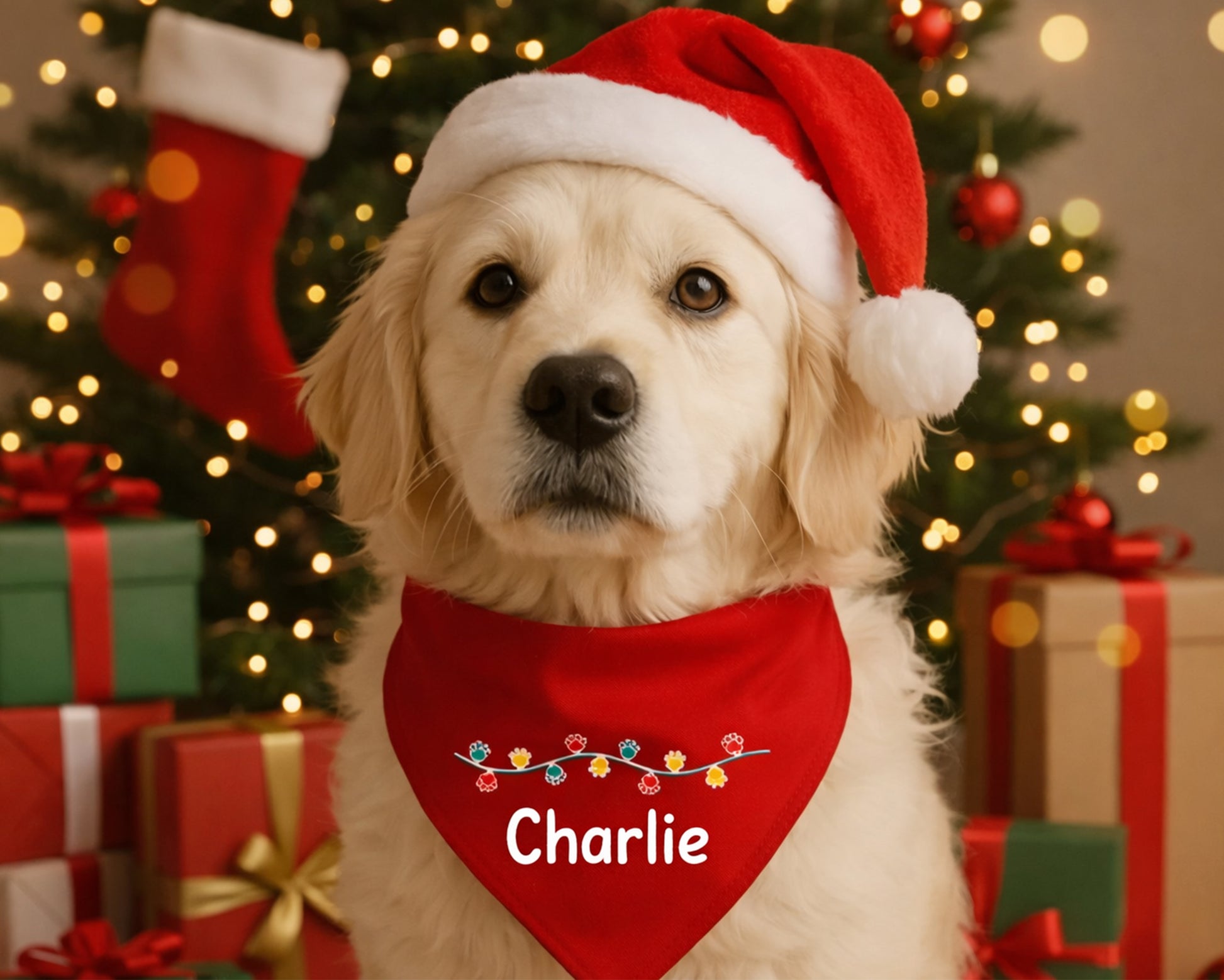 Dog wearing a Santa hat and red bandana with 'Charlie' on, in front of a Christmas tree and presents.