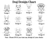 Dog Design Chart with 12 different dog illustrations and design labels.