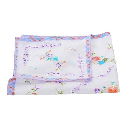 Fine EMBROIDERED HANDKERCHIEFS, Boxed Set of 3, Blue and pink Floral design, Cotton,