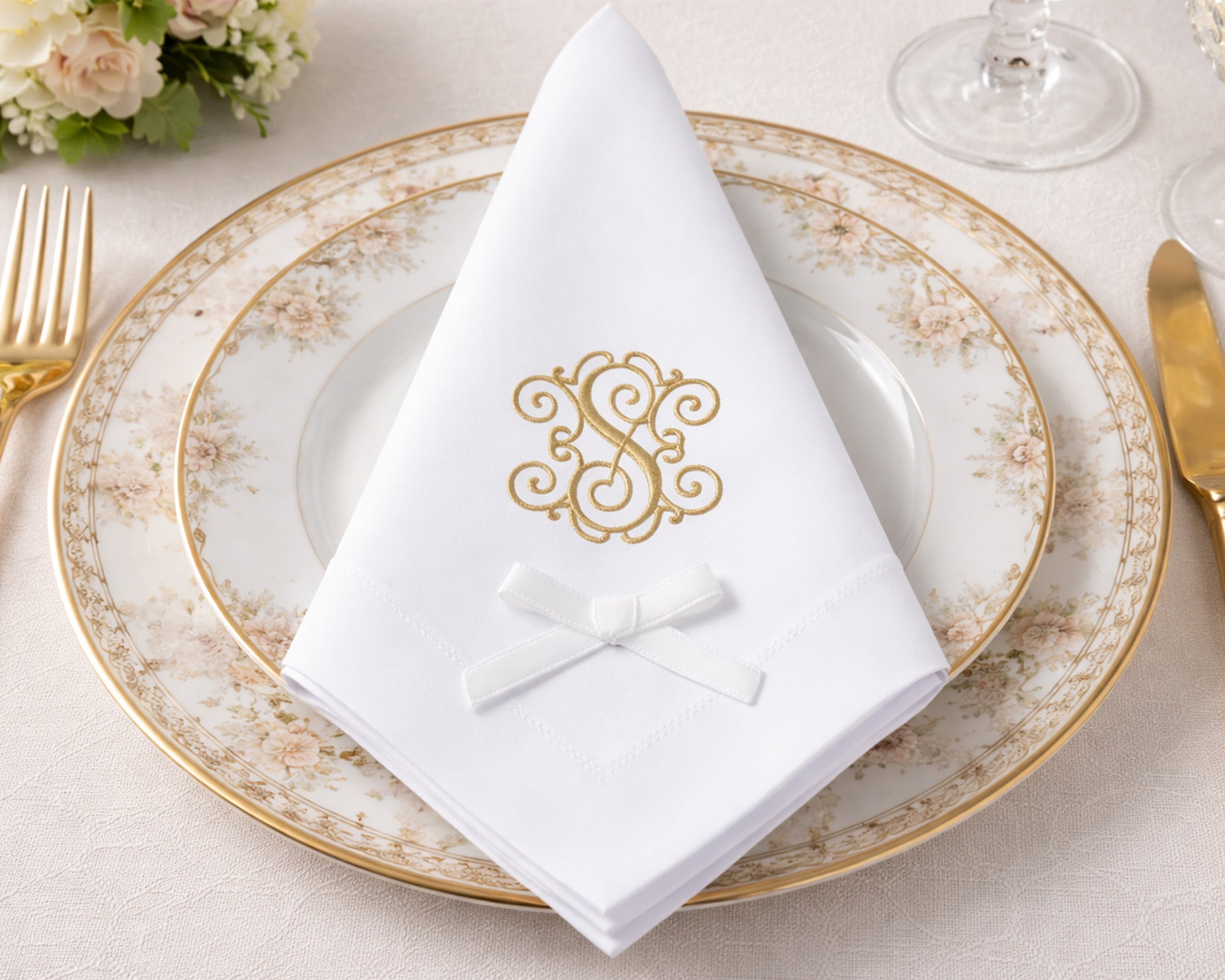 Elegant table setting with a white napkin featuring a gold monogram on a decorative plate.