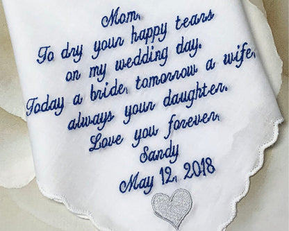 White Cotton Embroidery Handkerchief for Mother of the Bride with Heart USA