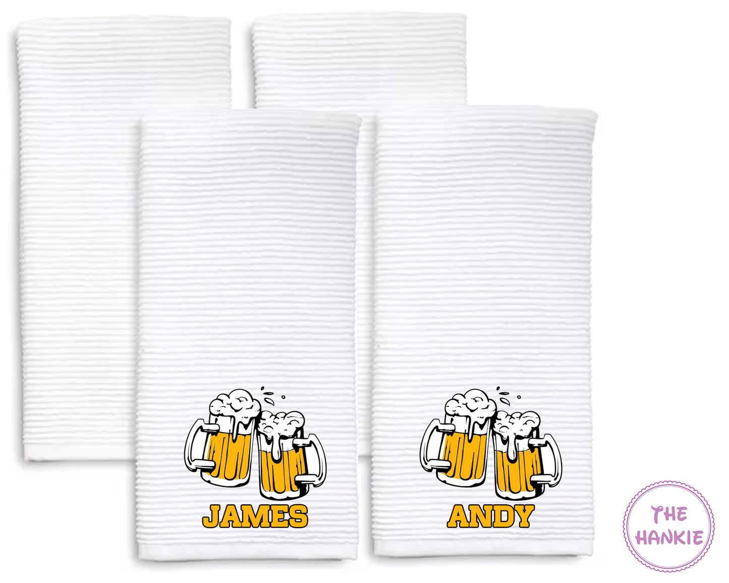 Two white handkerchiefs with printed designs and names on a white background