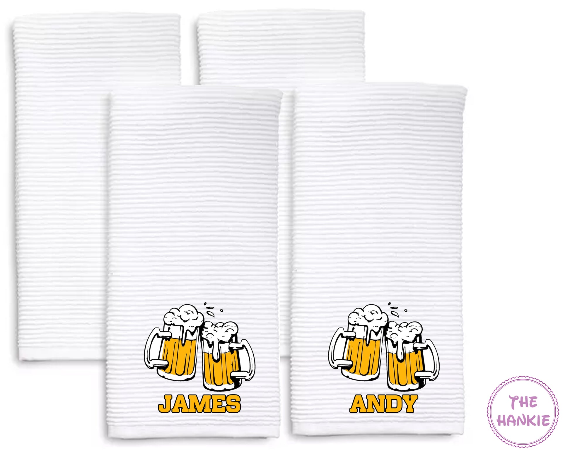 Two white handkerchiefs with printed designs and names on a white background