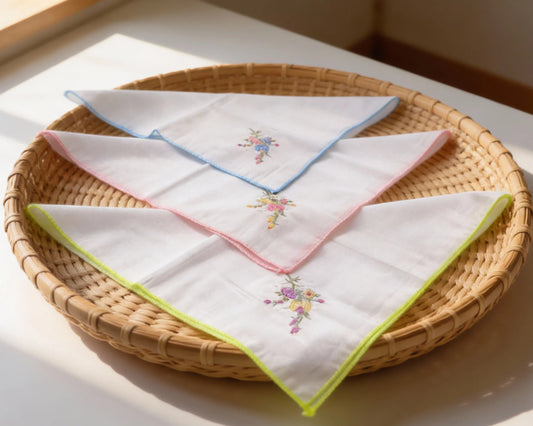 Embroidered handkerchiefs on a woven basket