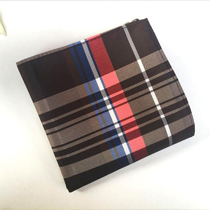 Plaid patterned pouch with red, blue, and brown colors on a white background