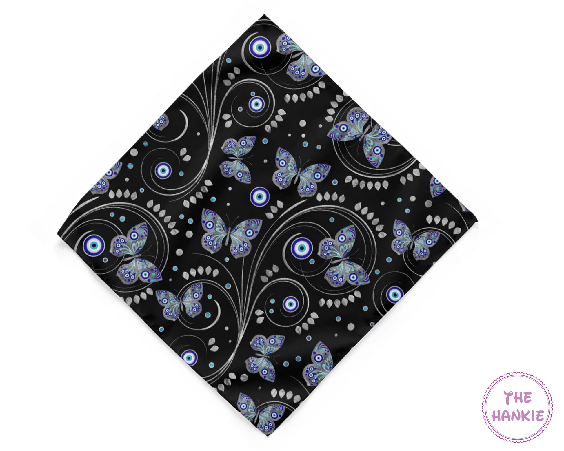 Black hankie with blue butterfly pattern on a white background