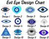 Evil eye design chart with 12 different eye symbol variations on a white background.