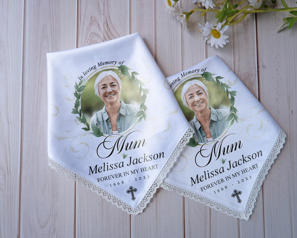 A Cuddle From Heaven Remembrance Handkerchief Personalized Botanical Memorial Photo Handkerchief