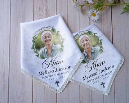 A Cuddle From Heaven Remembrance Handkerchief Personalized Botanical Memorial Photo Handkerchief