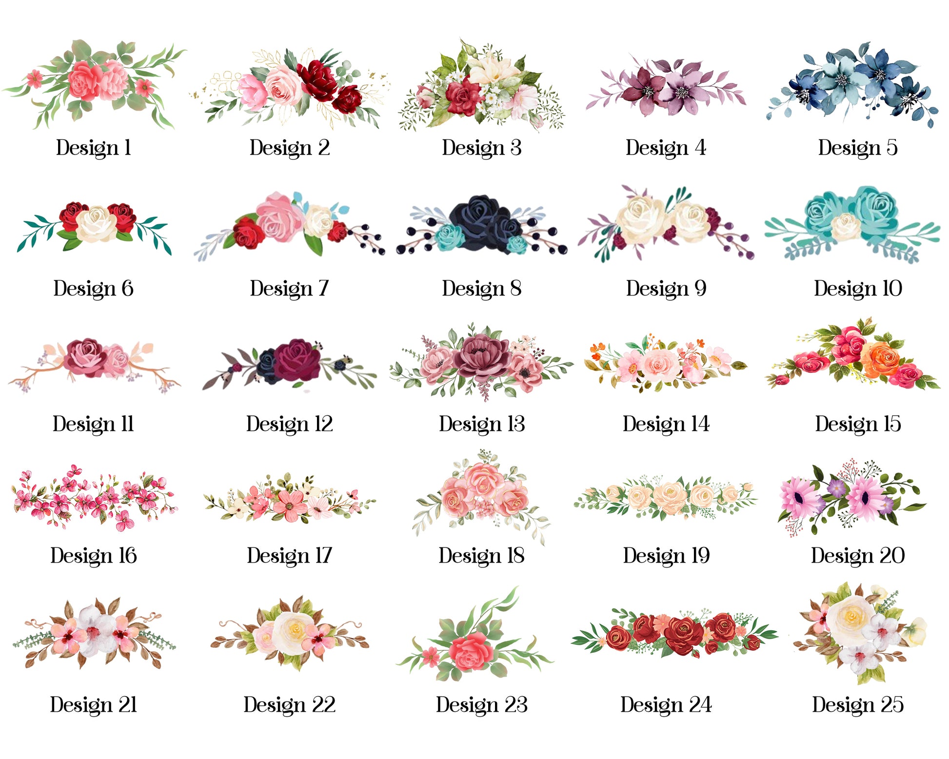 Various floral design from Design 1 to Design 25.