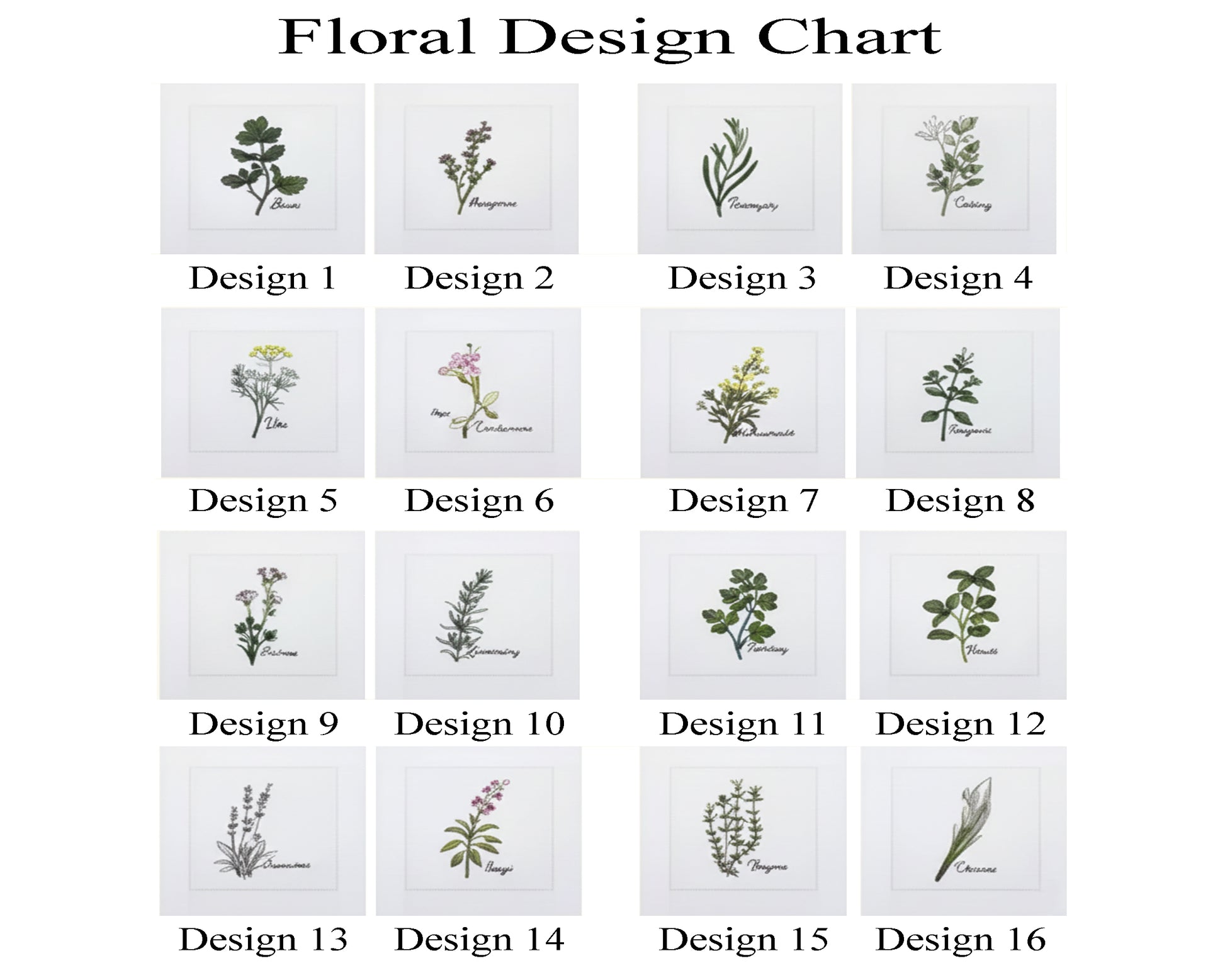 Floral design chart with 16 different floral patterns on a white background.