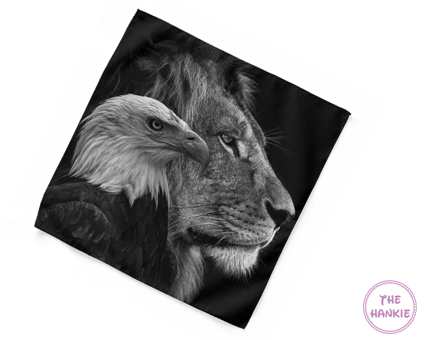 Hanky with a design of a lion and an eagle on a white background