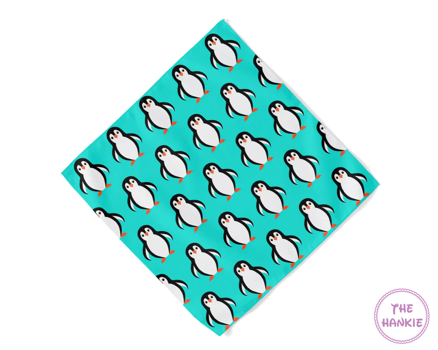 Teal hankie with penguin pattern and 'The Hankie' branding