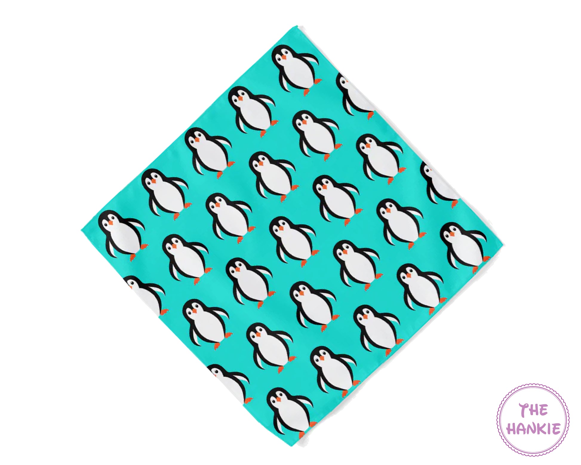 Teal hankie with penguin pattern and 'The Hankie' branding