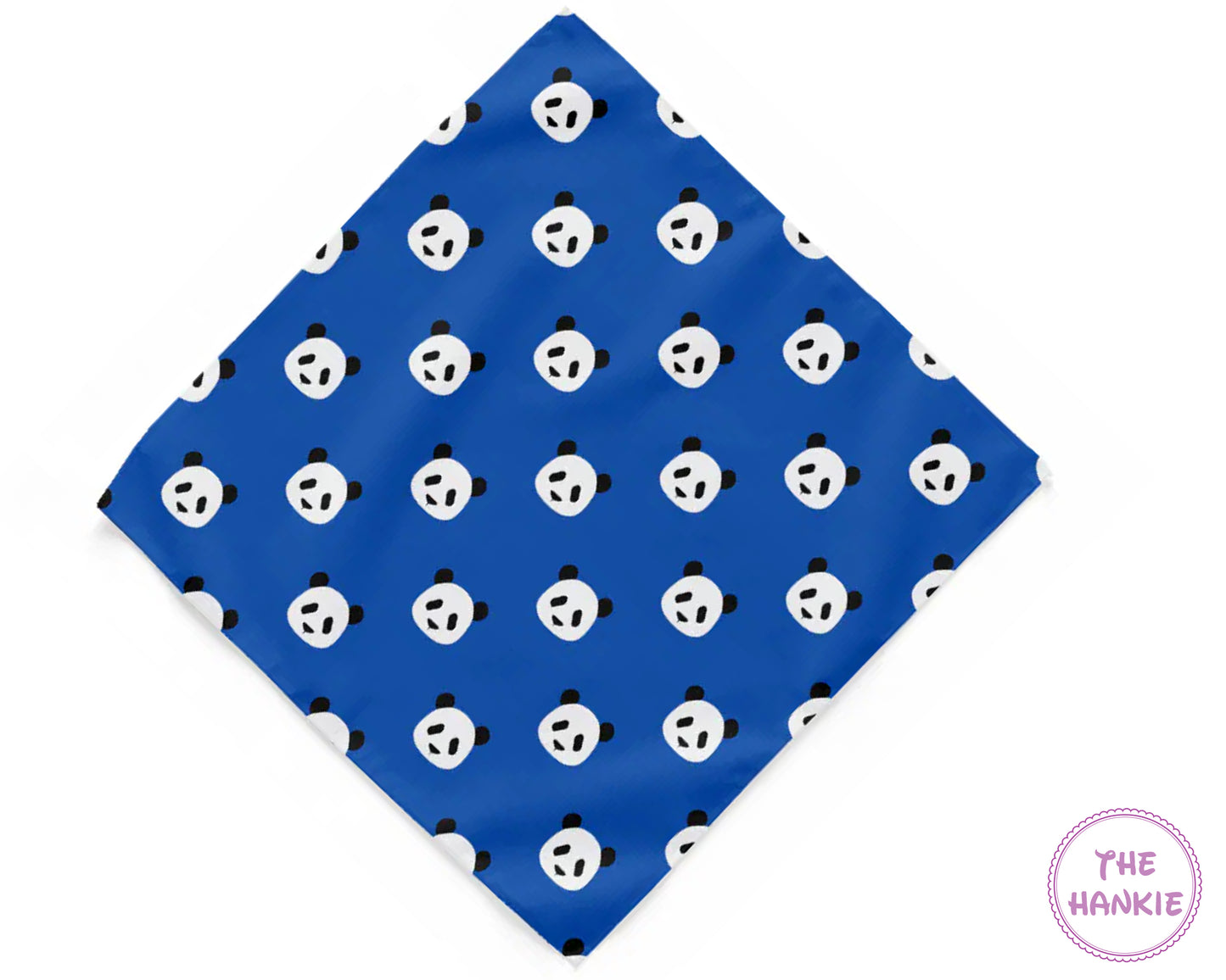 Blue bandana with panda pattern and 'The Hankie' logo.