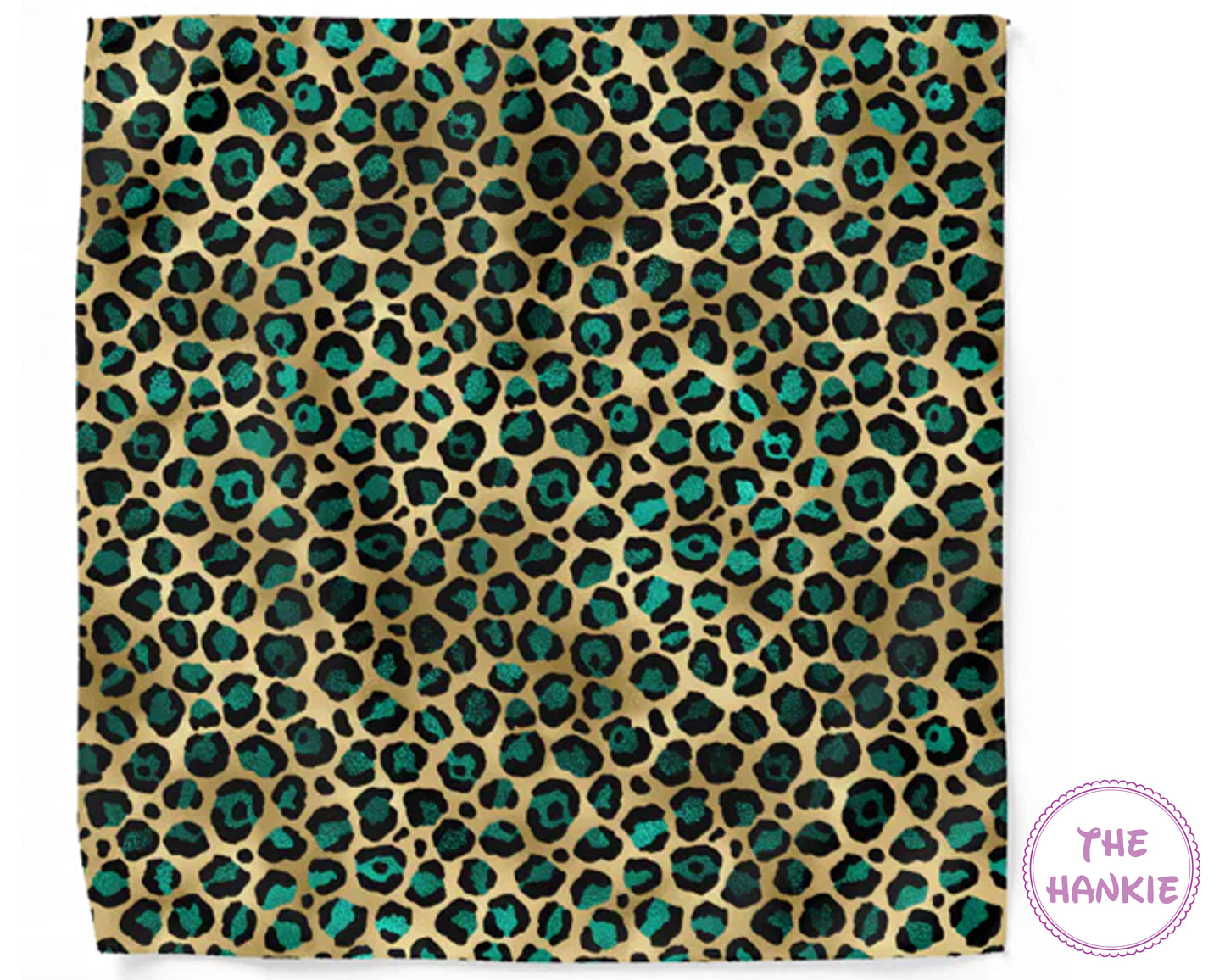 Leopard print hankie with teal spots on a beige background, branded 'The Hankie'.