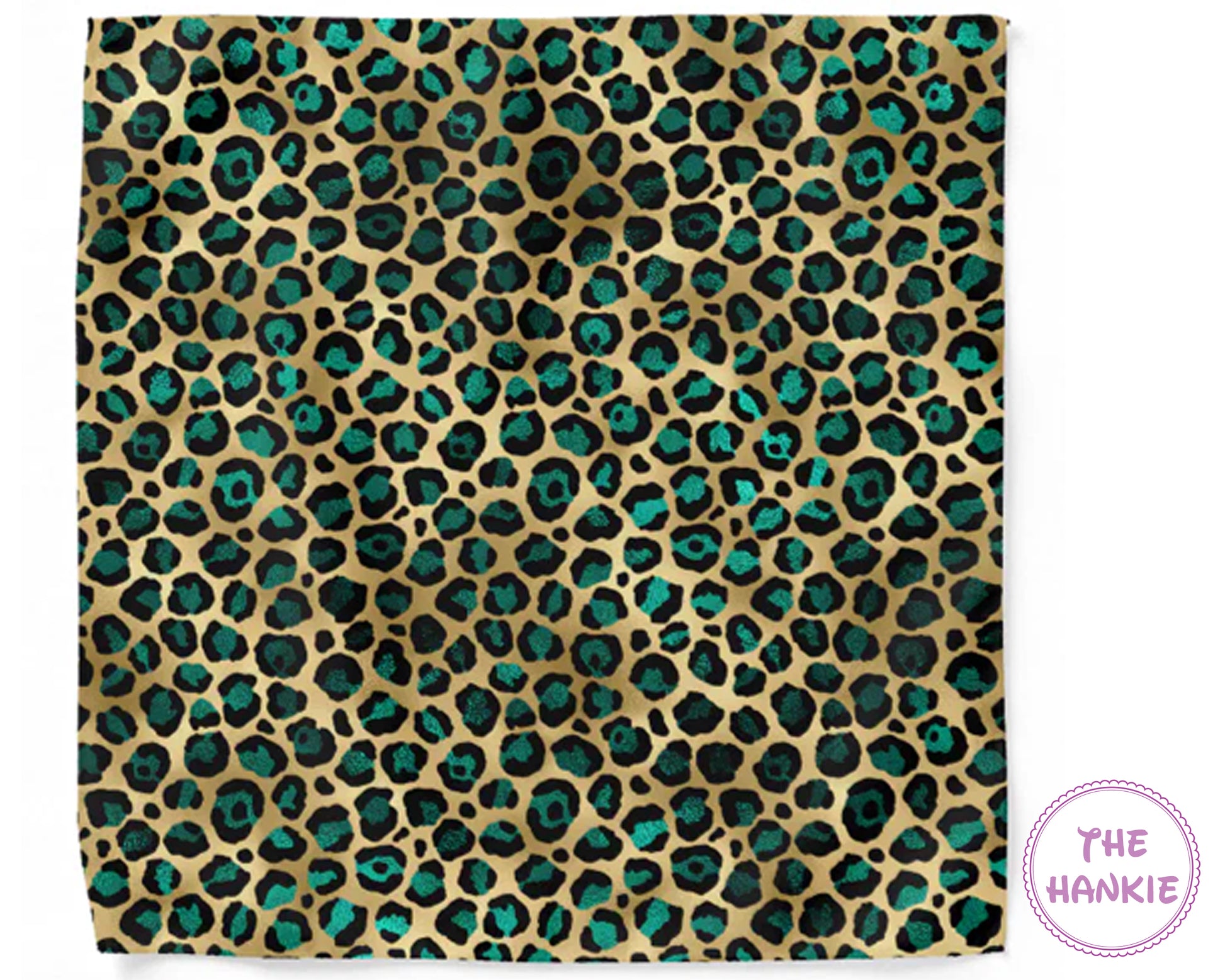 Leopard print hankie with teal spots on a beige background, branded 'The Hankie'.