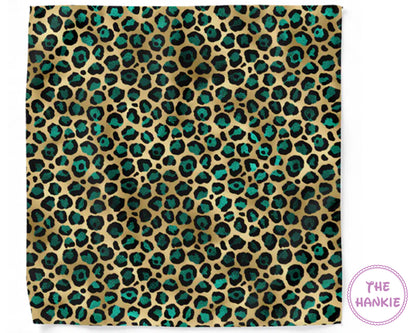 Leopard print hankie with teal spots on a beige background, branded 'The Hankie'.